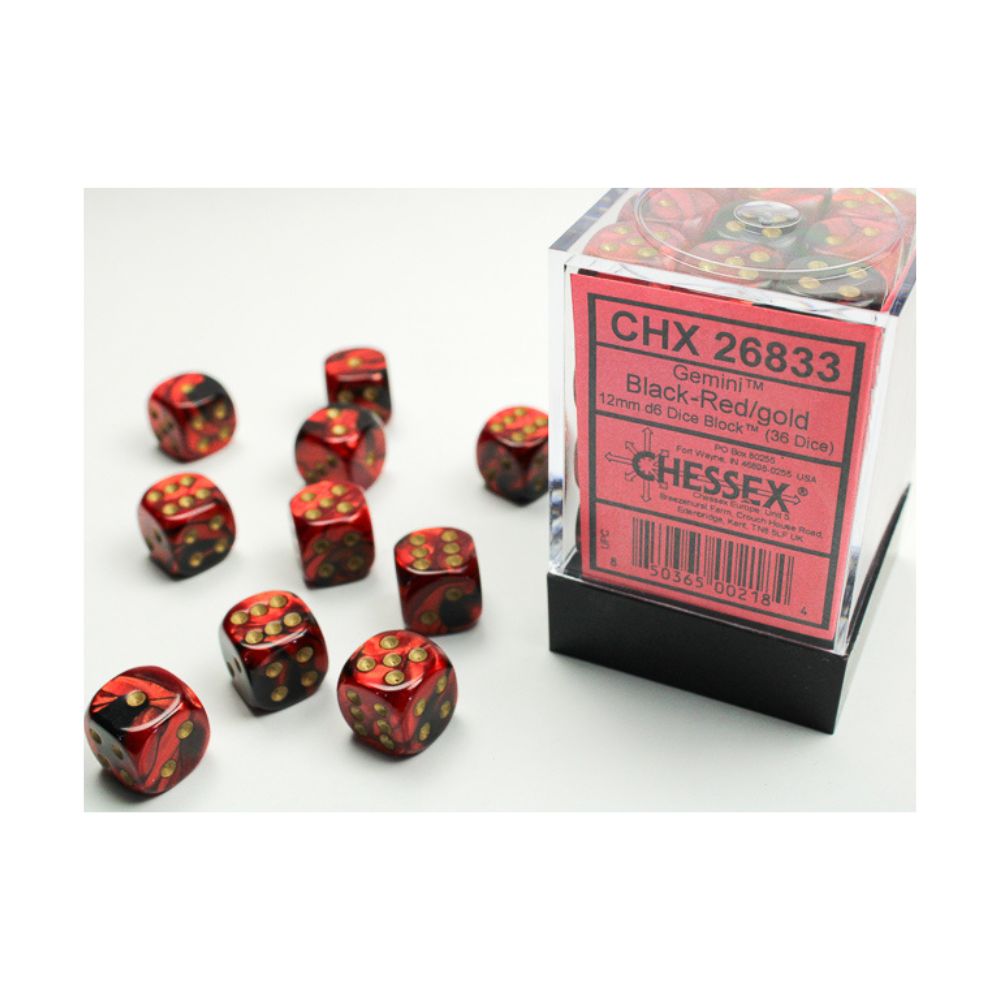 Chessex Dés Gemini 12mm 36D6 - Noir-Rouge/Or