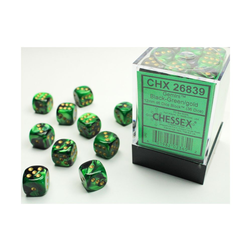Chessex Dés Gemini 12mm 36D6 - Noir-Vert/Or