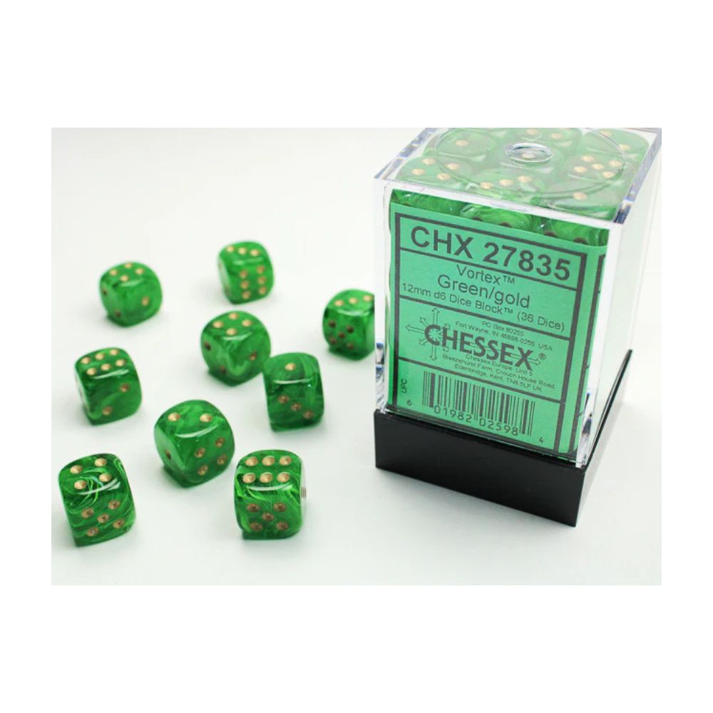 Chessex Vortex Dice 12mm 36D6 - Green/Gold