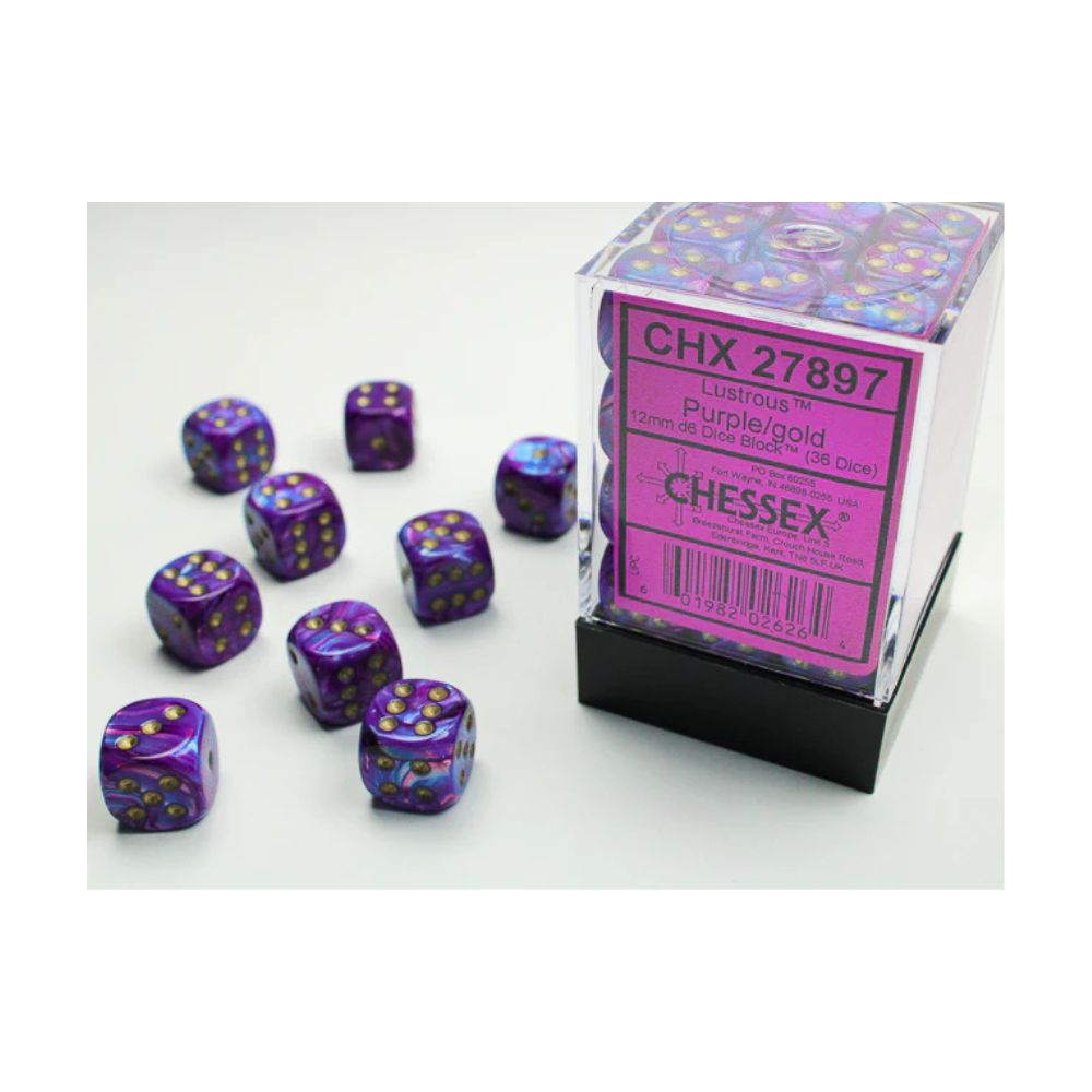 Chessex Dés Lustrous 12mm 36D6 - Mauve/Or