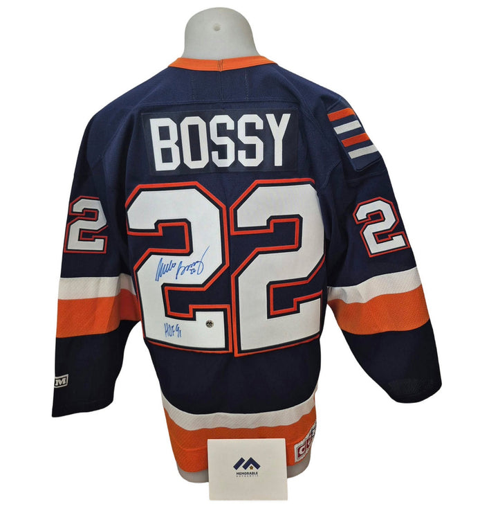 Chandail officiel CCM vintage signé - Mike Bossy bleu inscrit Memorable coa